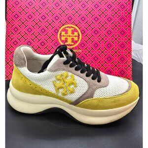 Tory Burch Kick Trainer Mesh Sneakers In White/Yellow Suede Size 7M VR2113